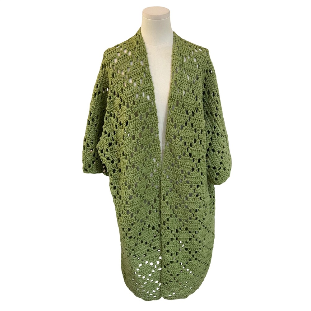 Vintage Green Handmade Crochet Knit Cardigan Kimono Boho Duster L XL - Picture 2 of 7